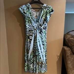 ONE WORLD Women’s Peacock Design Ruched Bodice Dress Sz Medium
